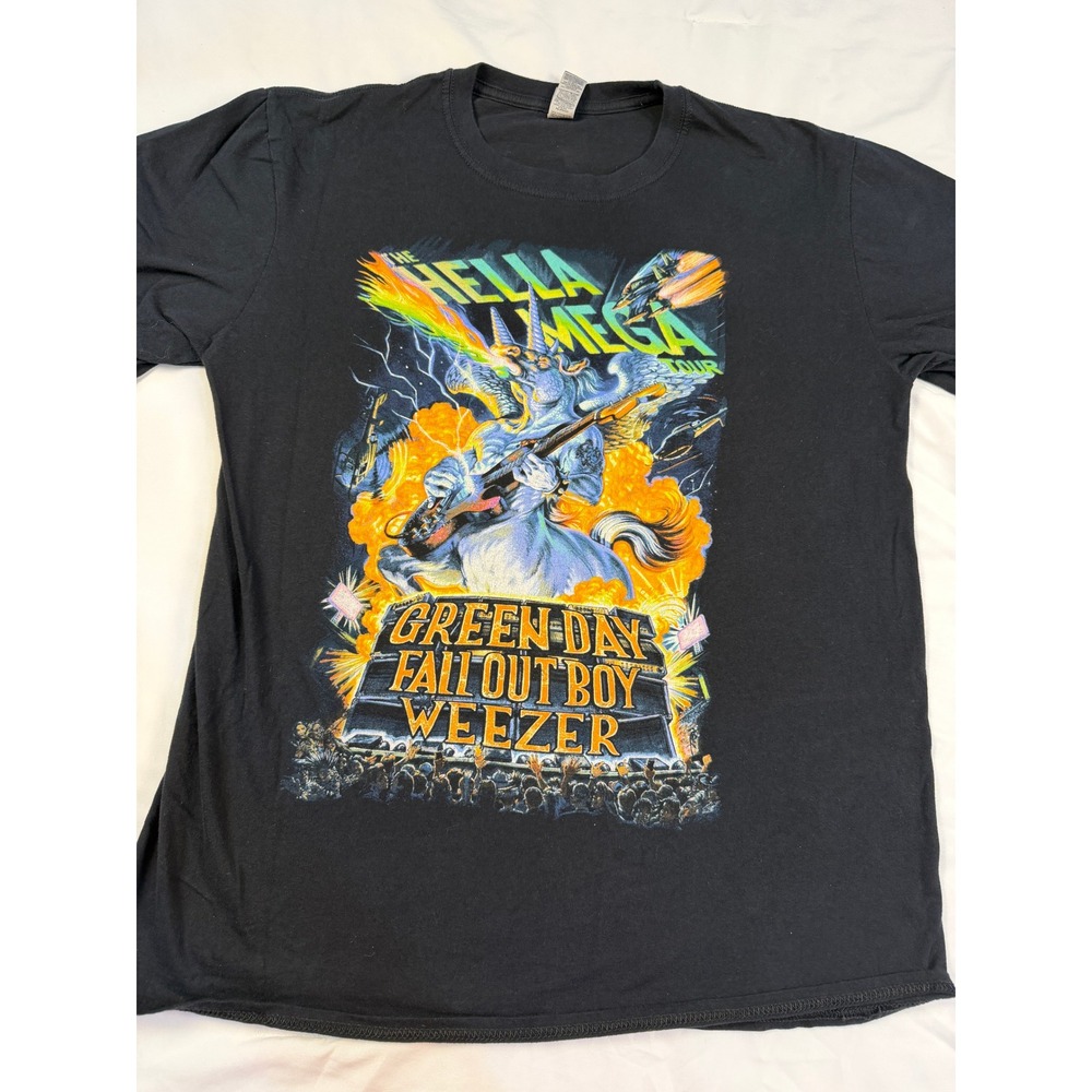 Green Day Fall Out Boy Weezer Hella Mega Tour T Shirt Black Gildan Mens Large